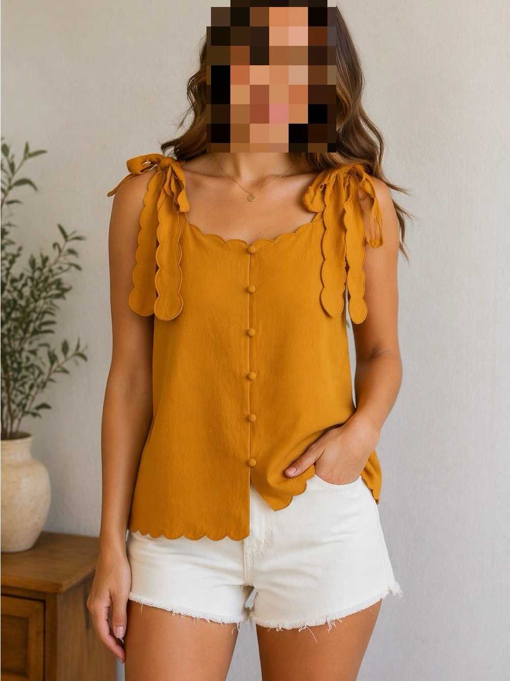white birch Mustard Scallop Tie-Shoulder Camisole